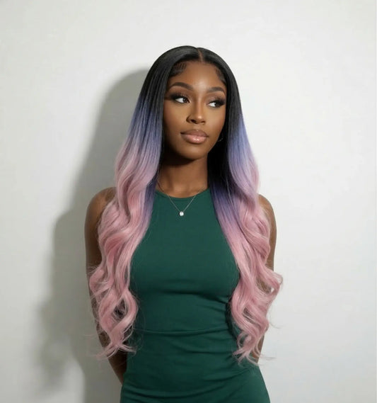 24 Inch Ombre Lace Front Wig: Black, Purple, Pink Heat Resistant Synthetic Hair