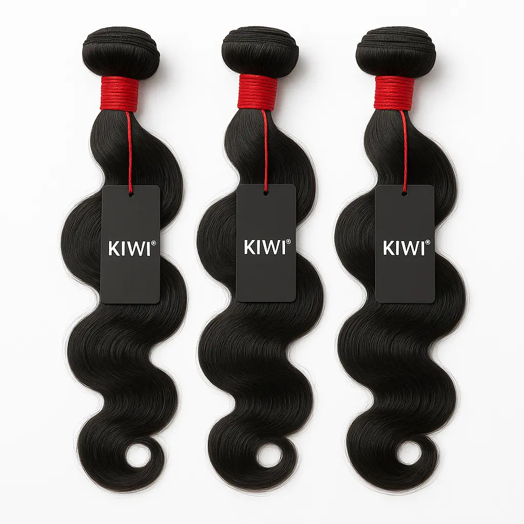 Real virgin hair bundles – KIWI body wave human hair extensions in natural black with red tie and brand tag