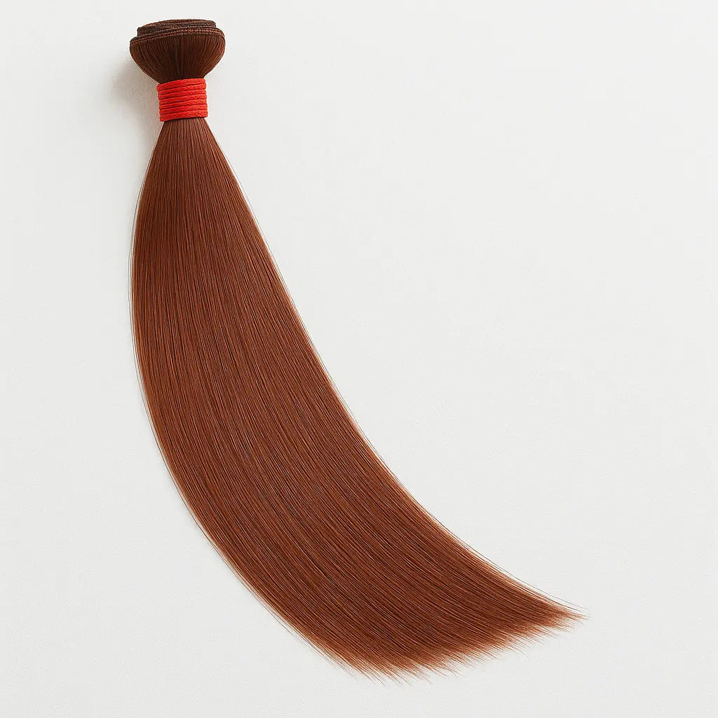 KIWI #30 auburn straight human hair bundle with red string – silky texture, no tag, white background, ideal for sew-in extensions
