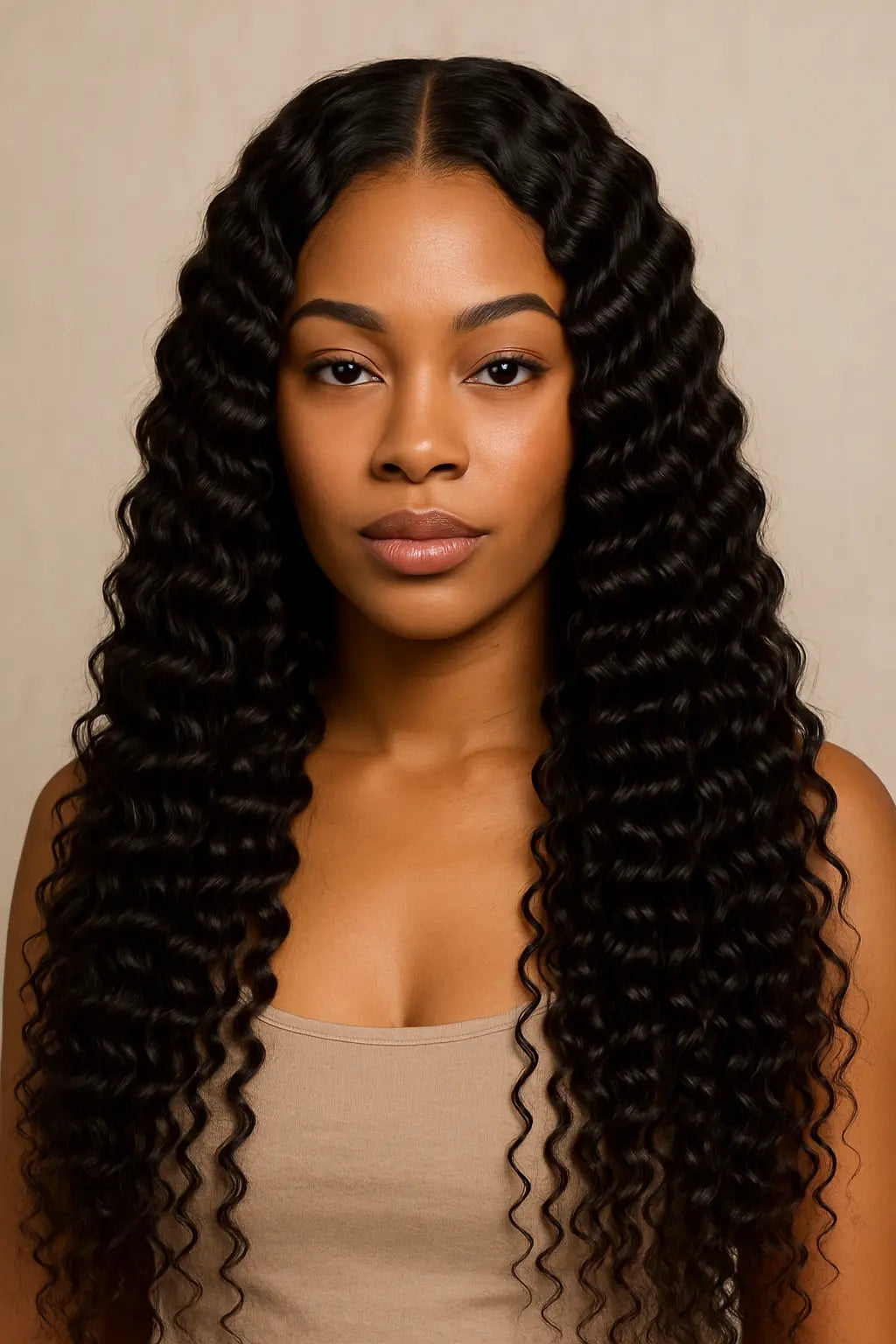 Black woman wearing KIWI deep wave sew-in hair extensions. 100% real human hair, natural texture, full length, middle part style. Perfect for protective styling and everyday elegance.