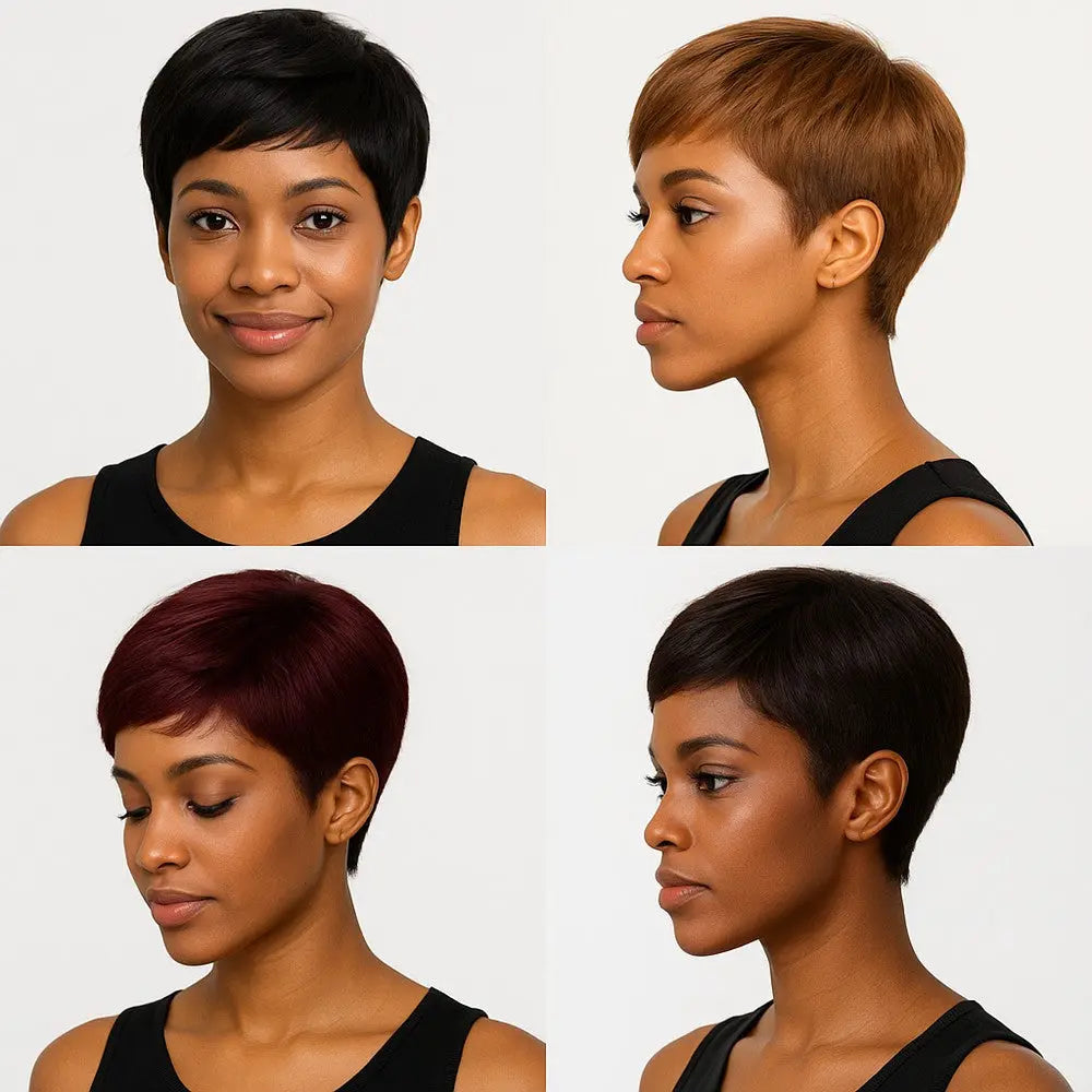 KIWI® 29PCS Remi Human Hair Pixie Cut – Four Colors Model Showcase with Natural Black, Dark Brown 2#, Light Brown 27#, and Burgundy BUR Styles