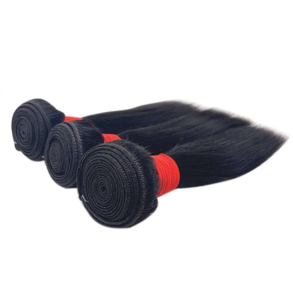 3 bundles of KIWI straight black sew in hair extensions with double weft, silky texture, natural shine, and red tie.