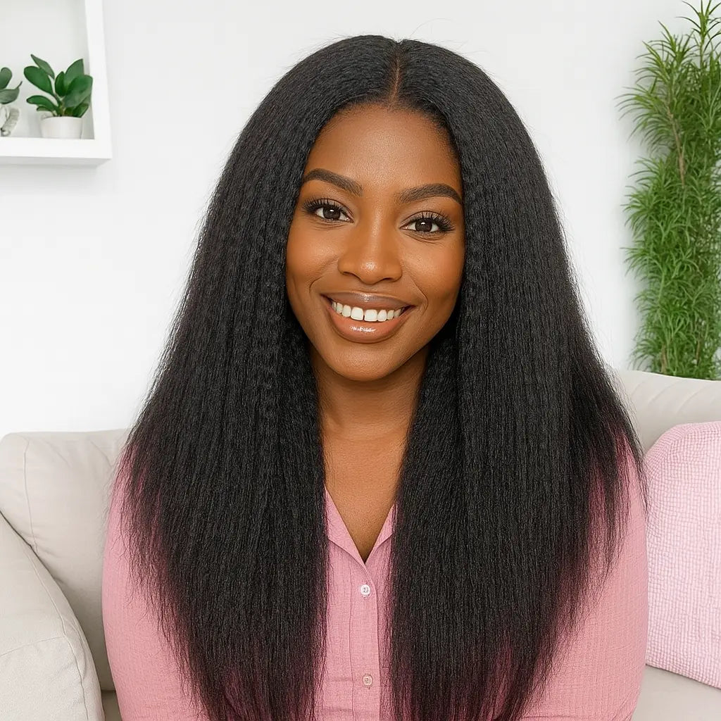 Black model wearing KIWI 100% Human Hair – Kinky Straight Texture, Natural Color