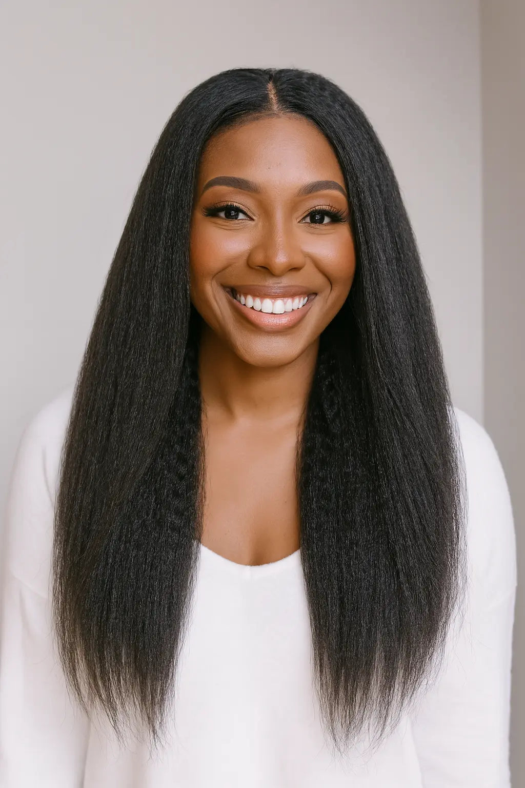 KIWI Virgin Human Hair – Kinky Straight Style Worn by Black Model, Soft and Full, Natural Black Color