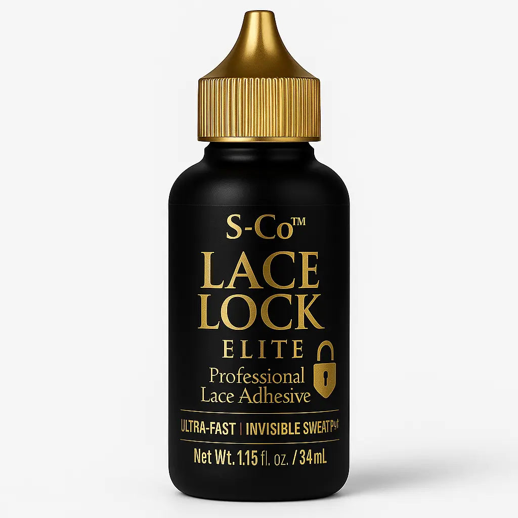S-Co™ Lace Lock Elite Professional Lace Adhesive in black and gold bottle – ultra-fast, invisible, waterproof and sweat-proof wig glue, safe for all skin types.