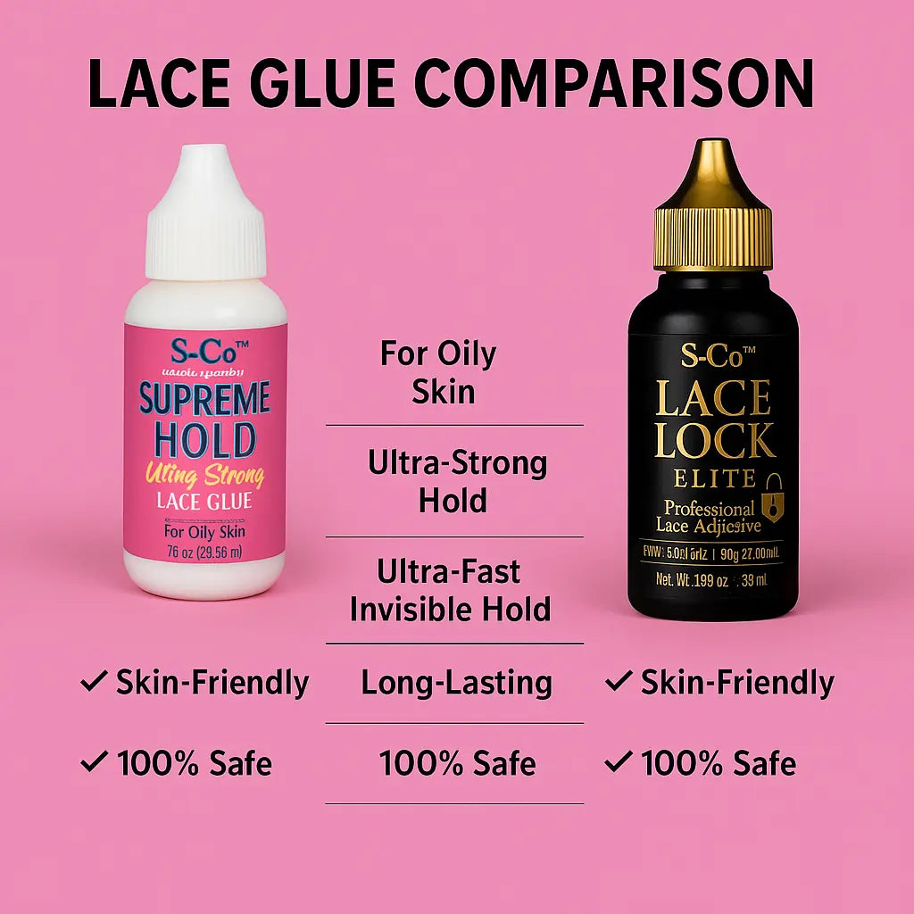 S-Co™ Supreme Hold Lace Glue in pink bottle – ultra strong, skin-friendly, non-toxic adhesive for oily skin wigs.