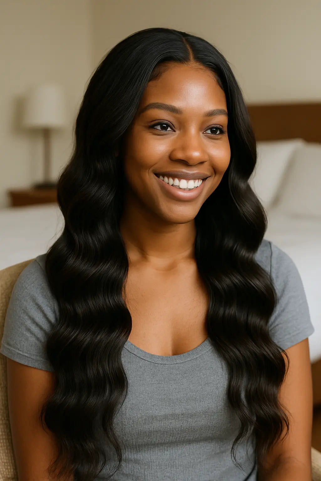 Black woman wearing natural-looking sew-in with Remy human hair bundles