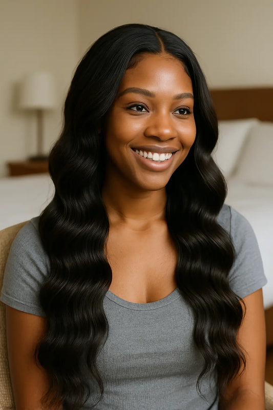 Black woman wearing natural-looking sew-in with Remy human hair bundles