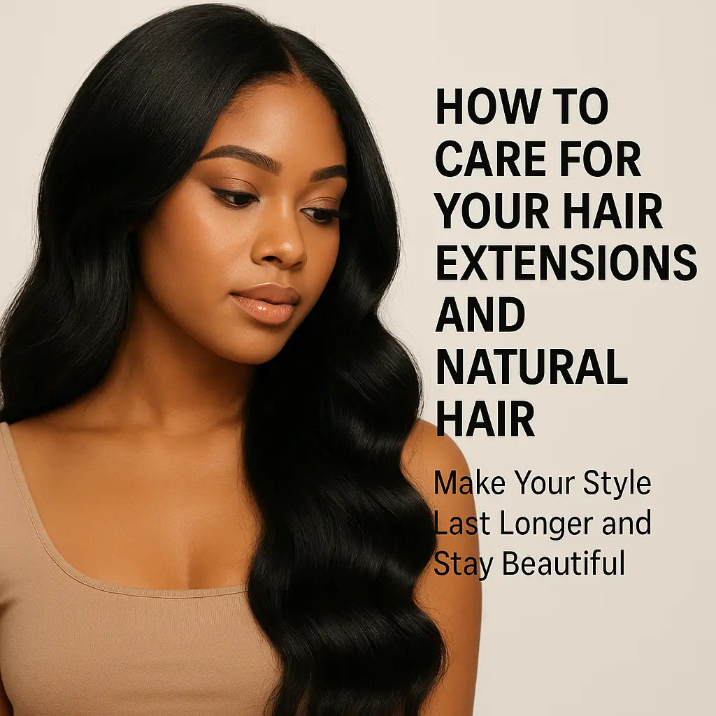 Beautiful African American woman with sleek long waves, showing how to care for human hair extensions and natural hair for long-lasting beauty