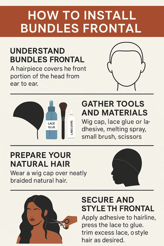 Step-by-step infographic showing how to install a bundles frontal, including tools needed, hair preparation, adhesive application, and final styling.