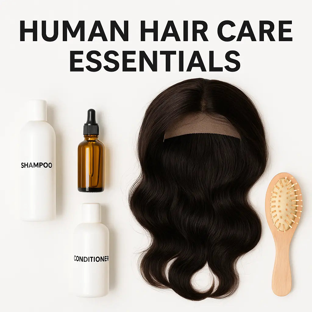 Human hair care essentials including wig, shampoo, conditioner, oil, and brush – KIWI Human Hair care guide to extend wig lifespan.
