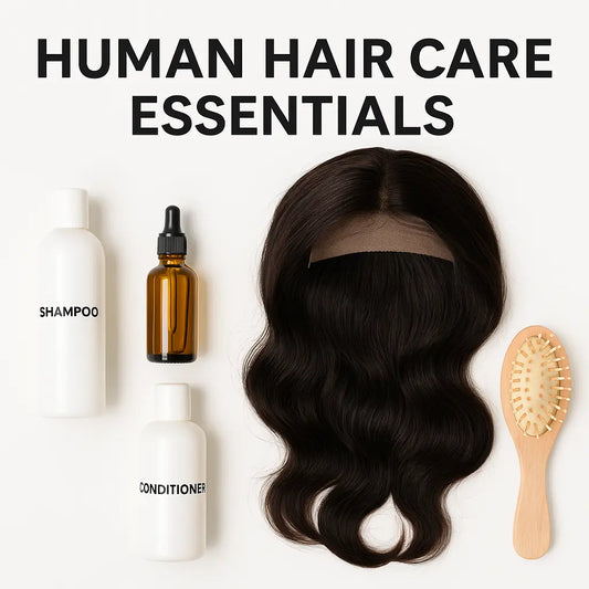 Human hair care essentials including wig, shampoo, conditioner, oil, and brush – KIWI Human Hair care guide to extend wig lifespan.
