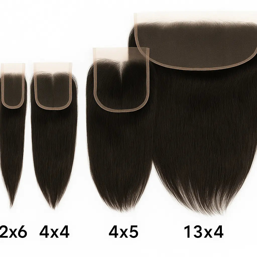 HD lace closures in sizes 2×6, 4×4, 4×5, 5×5, 13×4, made with 100% straight human hair, natural scalp melt look, perfect for Black women sew-in hairstyles.