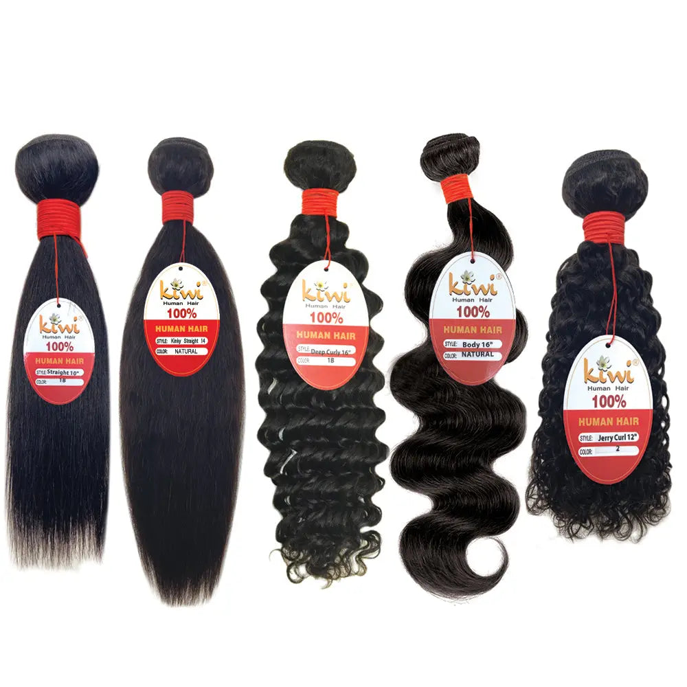 Sew in hair extensions – KIWI 100% Human Hair Bundles including Straight, Deep Wave, Jerry Curl, Body Wave, and Kinky Straight – Natural textures for salon-quality results