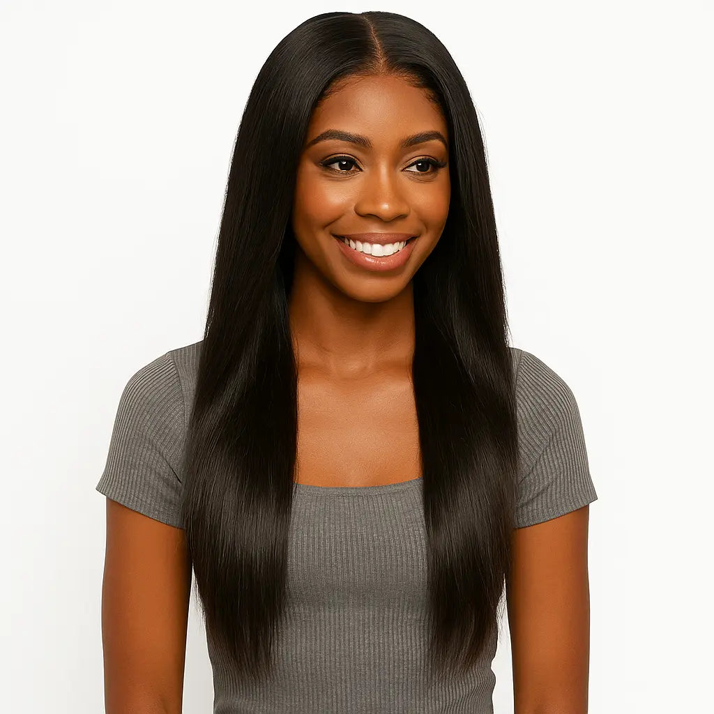 African American woman wearing HD lace straight human hair wig, natural scalp melt look with invisible hairline, perfect for beginner-friendly protective styles.