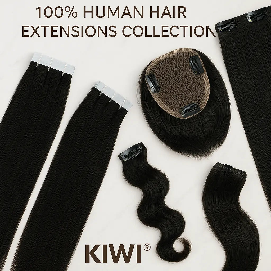 KIWI® 100% Human Hair Extensions Collection – Tape-In, Clip-In, Hair Toppers for white Women