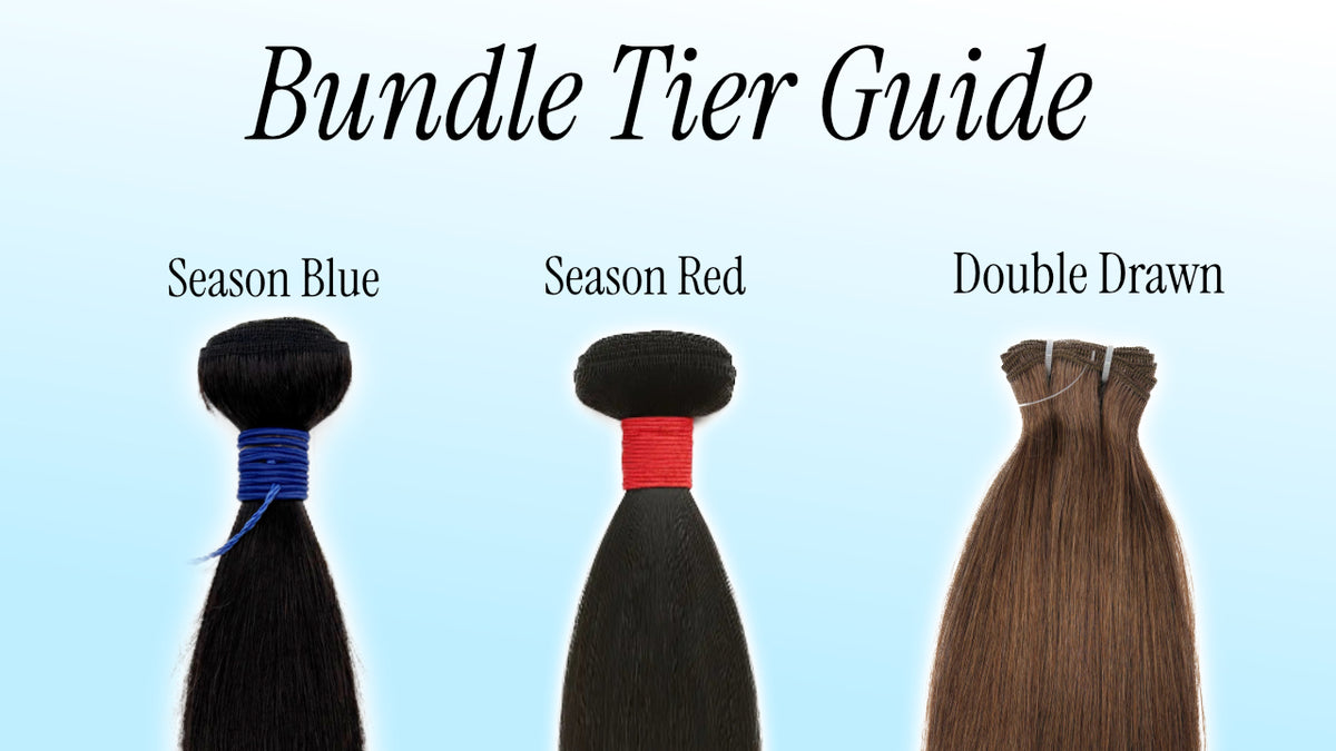 KIWI bundle tier guide comparing Premium Double Drawn, Season Red, and Season Blue human hair bundles