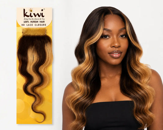KIWI® HD Lace Closure 4x5 – Highlight Brown Blonde Straight & Body Wave 100% Human Hair KIWI HAIR BEAUTY