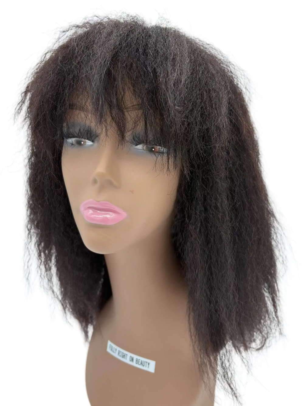 Mannequin head with a brown wig on a light gray background