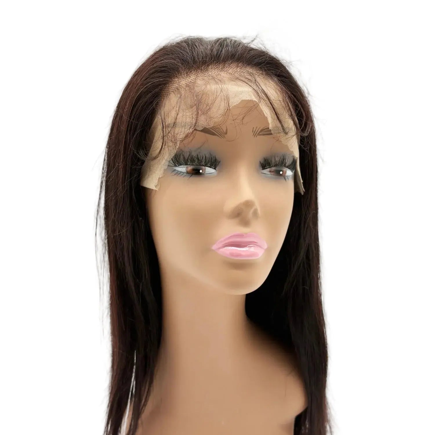 Mannequin head with a dark brown wig on a white background