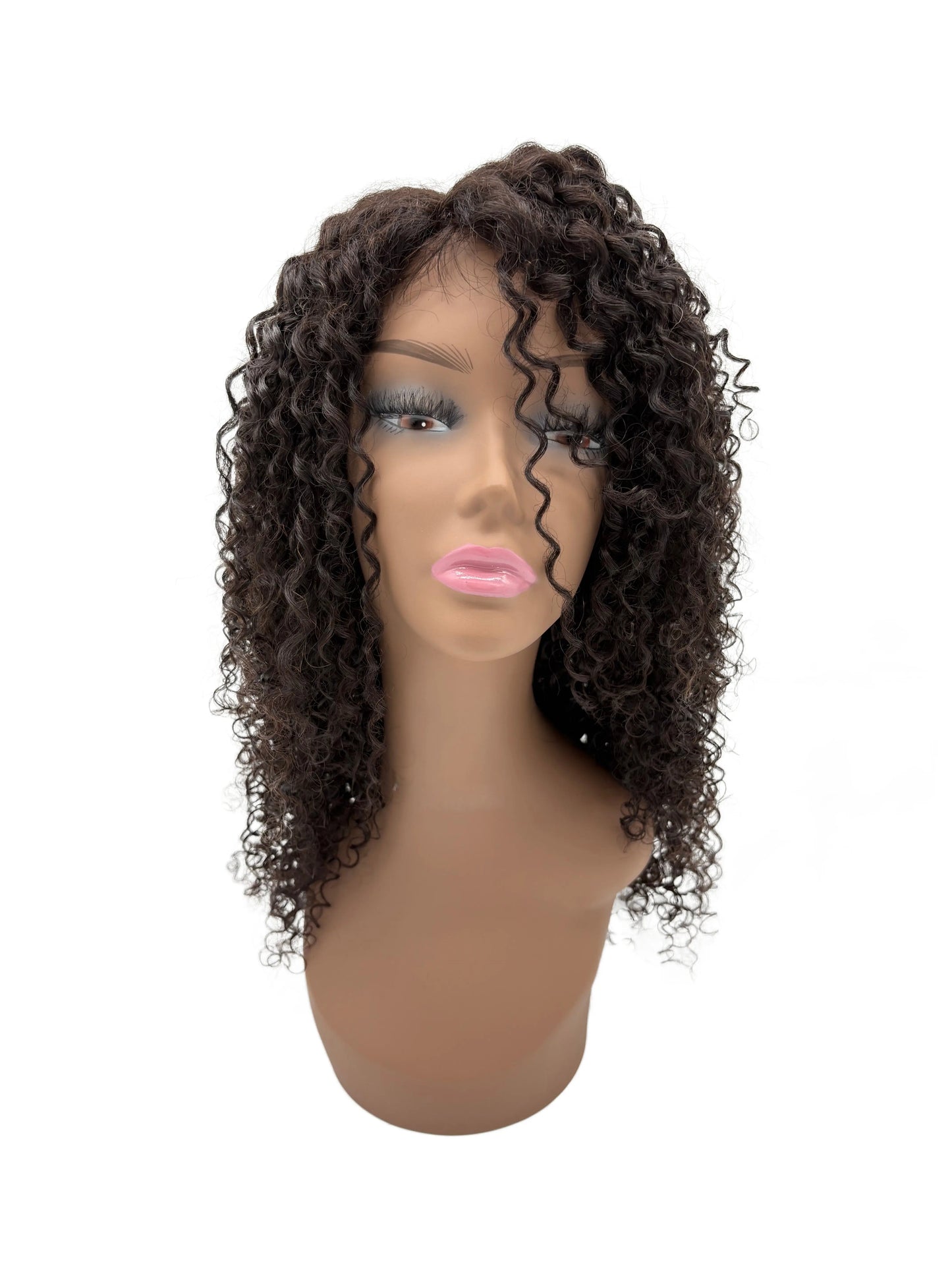 Curly wig on a mannequin head with a white background