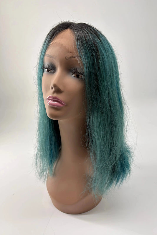 Front view of Blue-Green ombre lace front bob wig, 10 inch