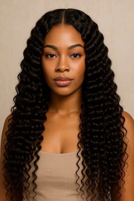 Black woman wearing KIWI deep wave sew-in hair extensions. 100% real human hair, natural texture, full length, middle part style. Perfect for protective styling and everyday elegance.