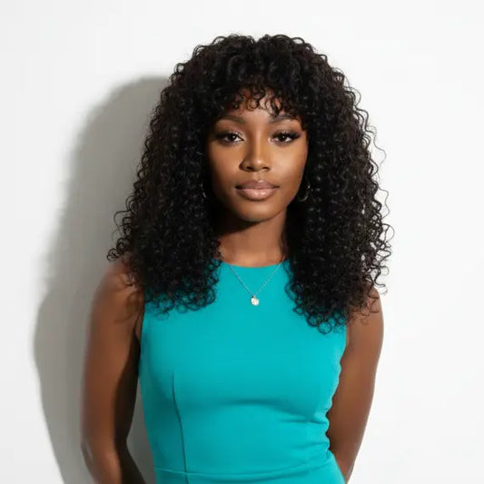Woman wearing a teal dress against a white background