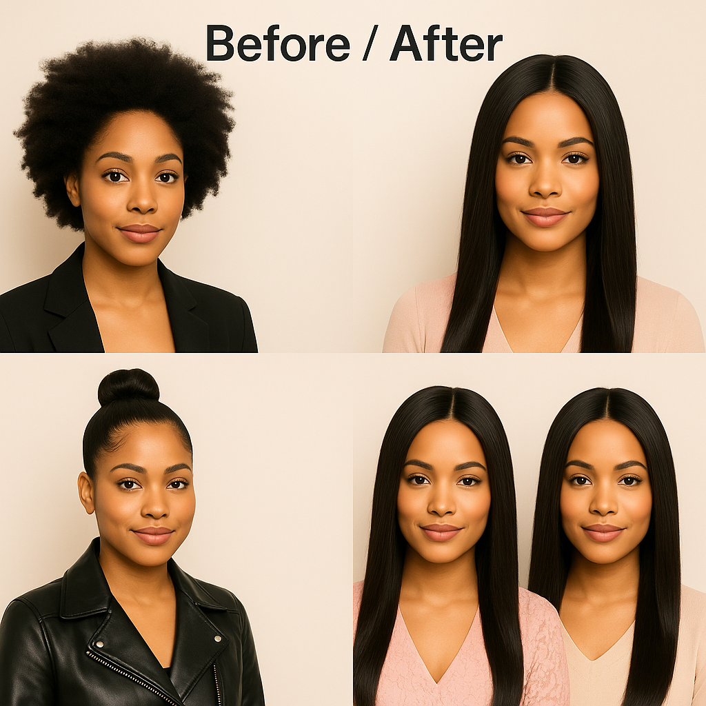 “Before and after transformation of four African American women using 100% human hair bundles, showcasing natural hair versus styled looks with smooth and sleek results.”