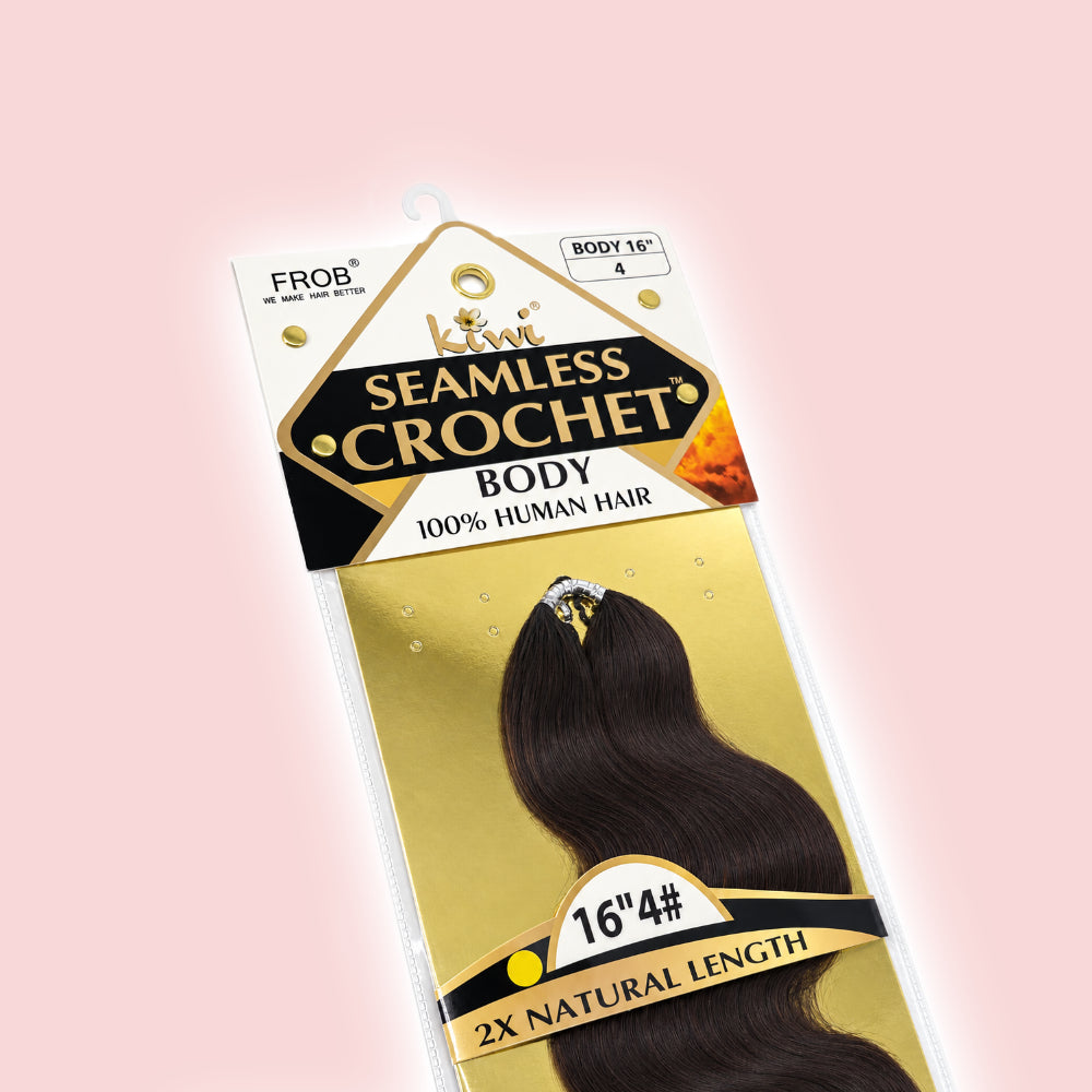 Frob Seamless Crochet Body hair extensions in a 16-inch, 4-ply human hair bundle, shown in its gold and white retail packaging against a soft pink background.