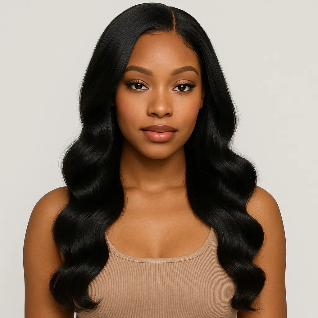 Black woman wearing 26 inch body wave 13×4 lace frontal wig, soft bouncy curls, natural scalp melt.