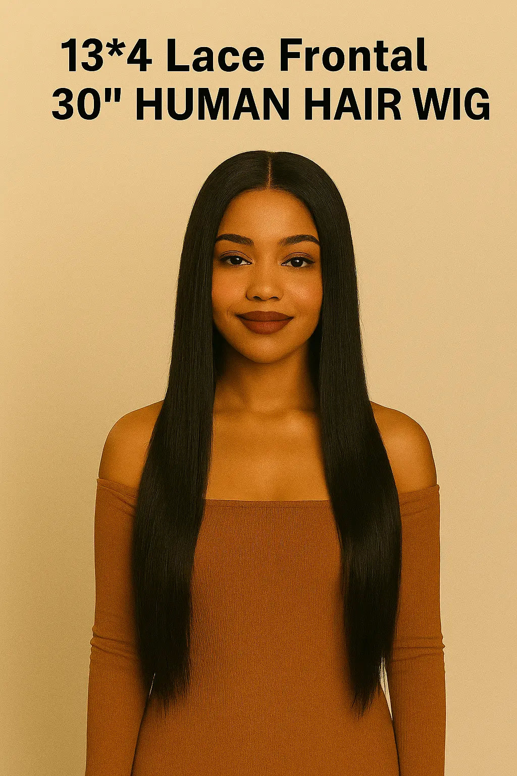 African American woman wearing 30 inch 13×4 HD lace frontal wig in straight texture, 100% human hair, sleek long length, natural hairline for Black women.


