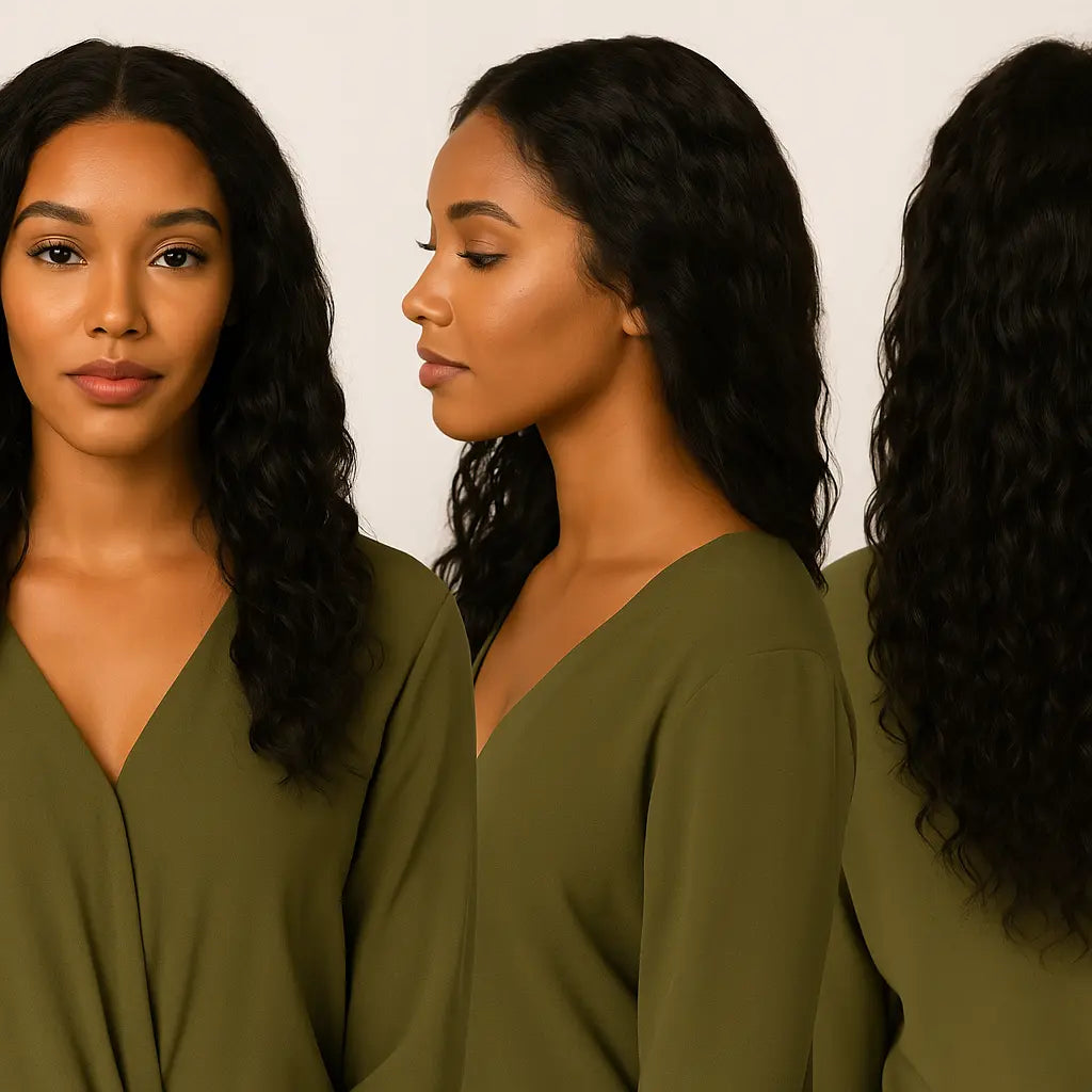 Black woman wearing deep wave 13×4 HD lace wig, long soft curls, 100% human hair for Black women protective style