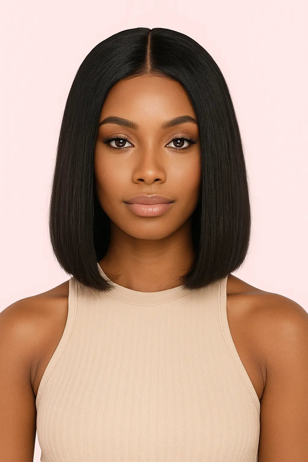Black woman wearing short bob 13×4 lace frontal wig, natural black straight hair, beginner friendly style.
