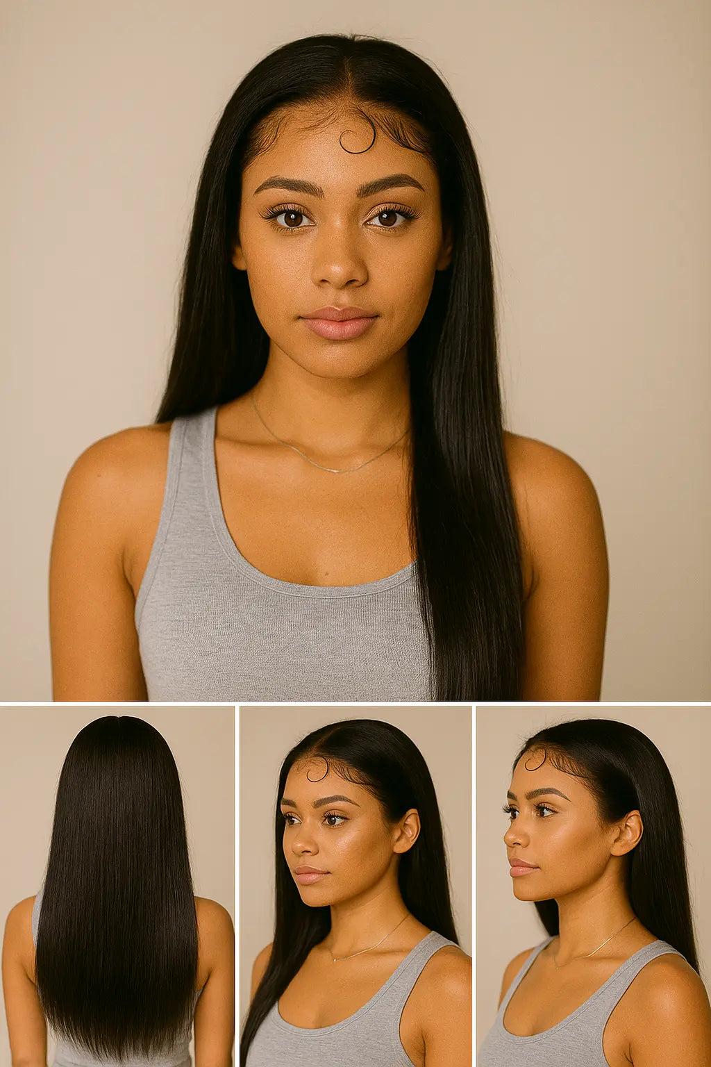 African American woman showing front and back view of straight 13×4 HD lace frontal wig, natural scalp melt, sleek long hair.