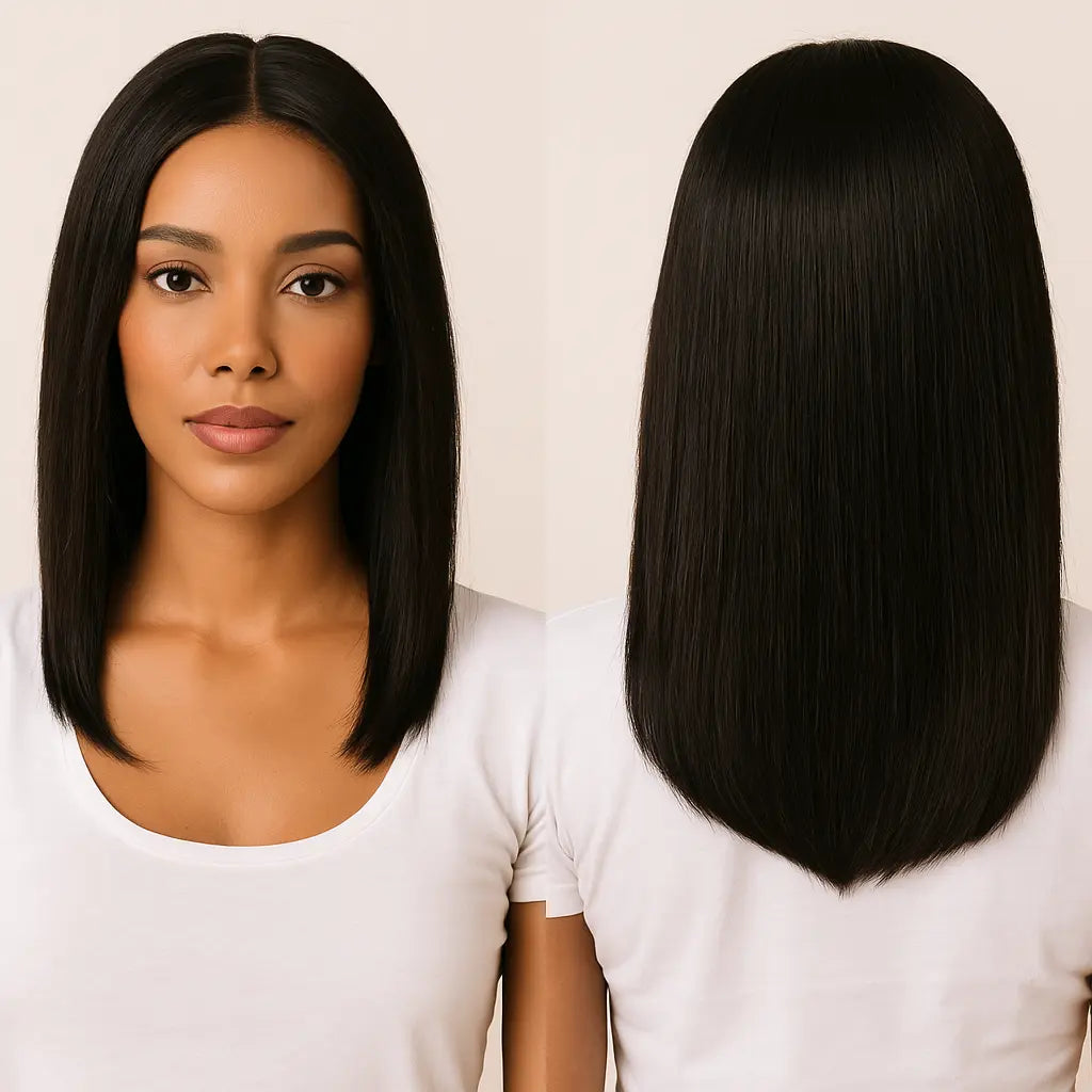 African American woman showing front and back view of straight 13×4 HD lace frontal wig, natural scalp melt, sleek long hair.