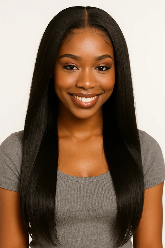 African American woman wearing 2×6 HD lace closure with straight human hair, natural scalp melt look with invisible hairline, perfect for sleek protective styles.