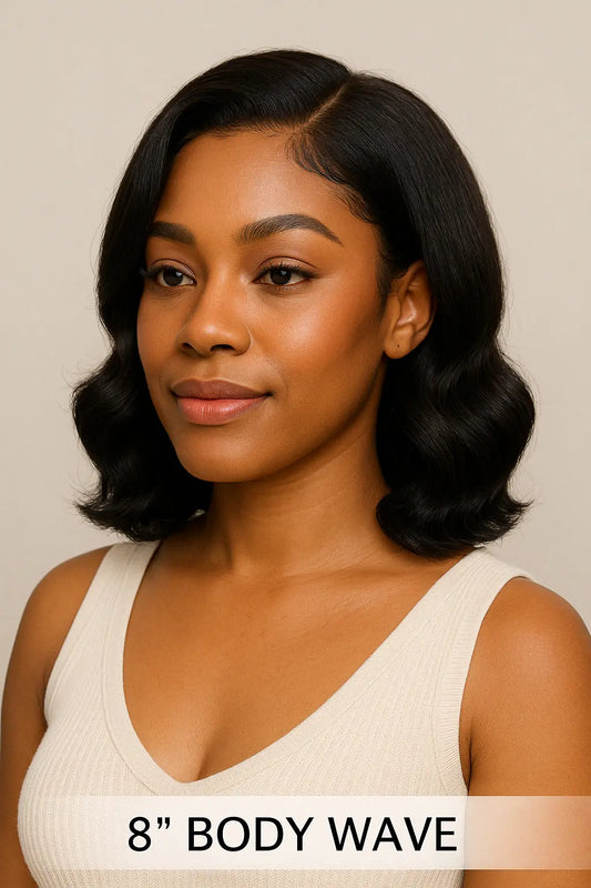 Black woman wearing 3 bundles of 8 inch straight human hair, full and natural look, soft silky texture, perfect for Black women sew-in hairstyle.