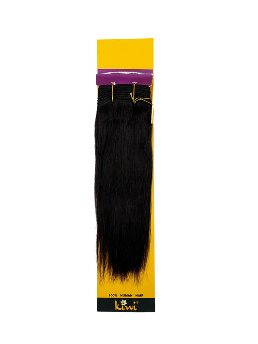 Black hair extension with a yellow and purple package on a white background