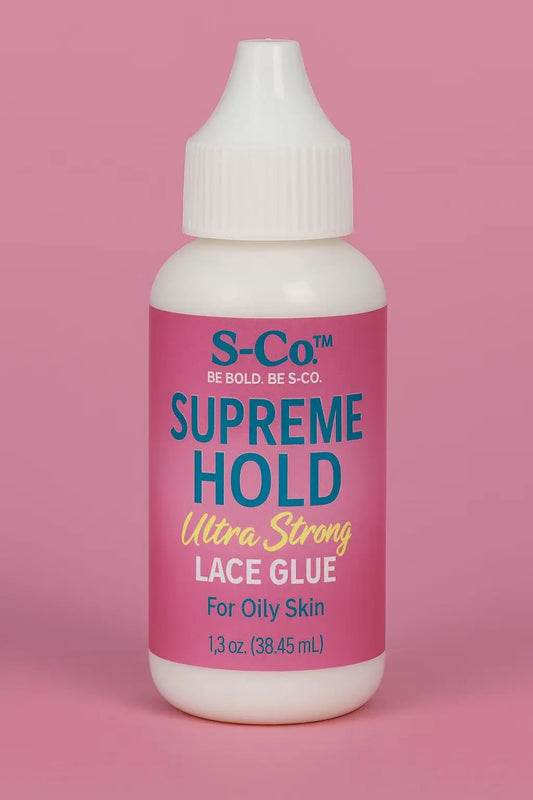 S-Co™ Lace Lock Elite Professional Lace Adhesive in black and gold bottle – ultra-fast, invisible, waterproof and sweat-proof wig glue, safe for all skin types.