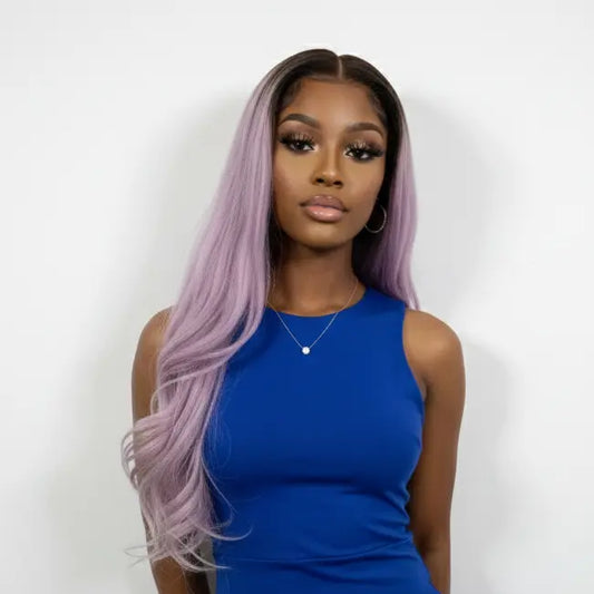 Woman wearing a blue dress with purple hair against a white background