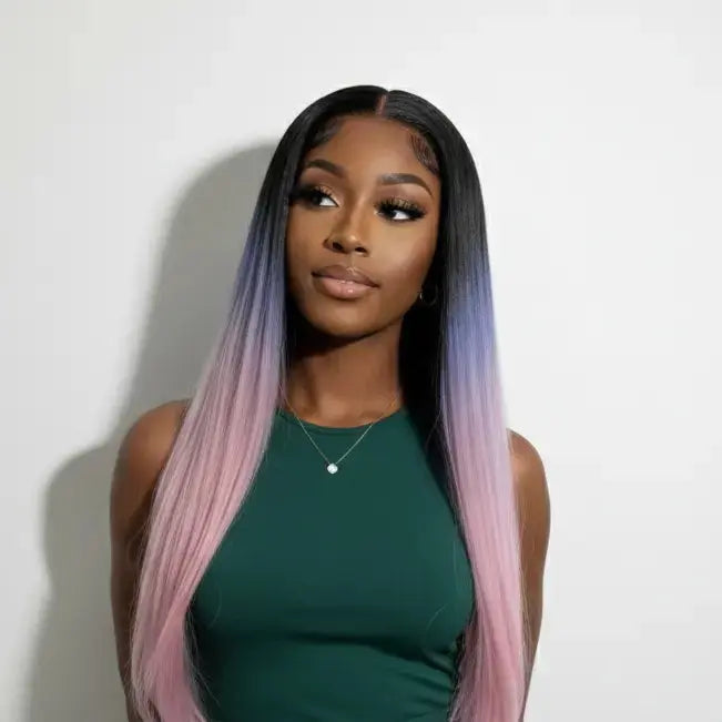 24 Inch Ombre Lace Front Wig: Black, Purple, Pink Heat Resistant Synthetic Hair KIWI HAIR BEAUTY