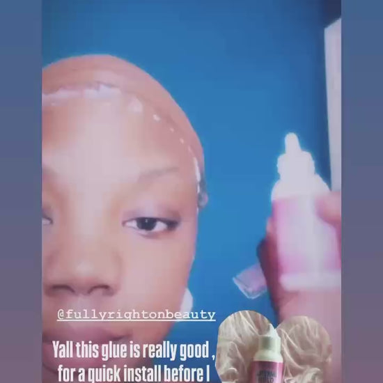 Influencer testing S-Co lace glue with strong hold on long black hair, excellent review.