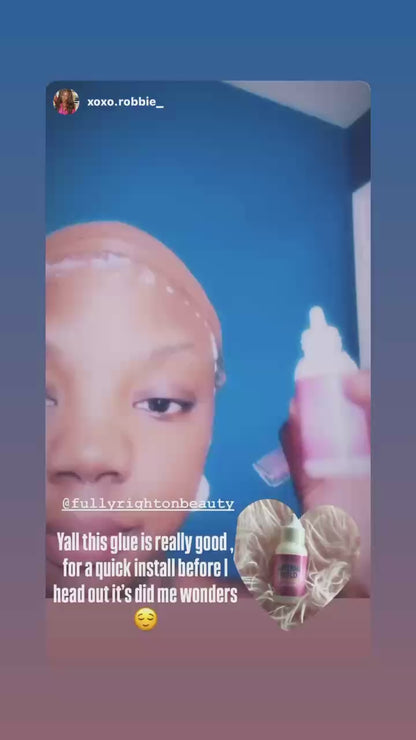 Influencer testing S-Co lace glue with strong hold on long black hair, excellent review.