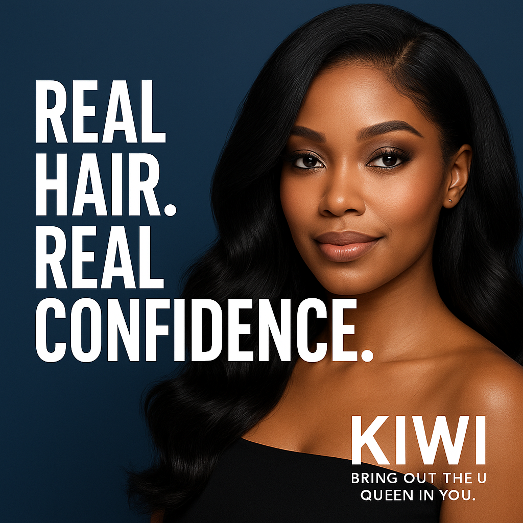 African American woman wearing KIWI Body Wave human hair sew-in extensions in natural black, showcasing full texture and shine with 360-degree rotation. Silky, voluminous real human hair bundles ideal for sew-in hairstyles.