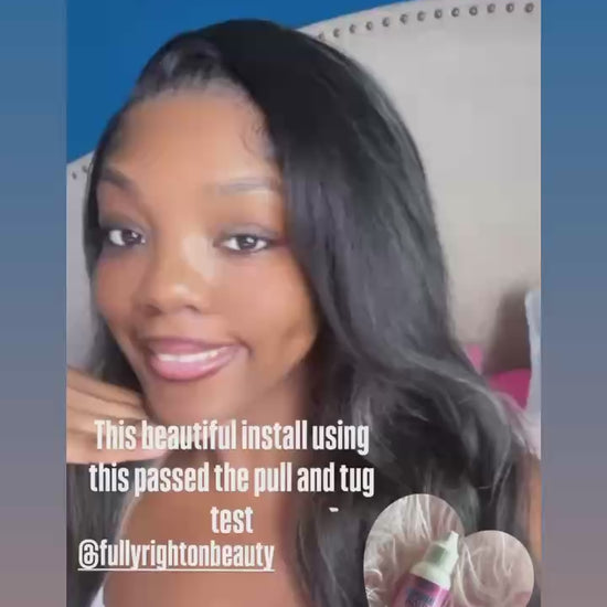 Influencer demonstrating quick lace wig installation using S-Co lace glue, safe and reliable.