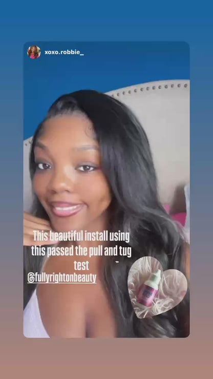 Influencer demonstrating quick lace wig installation using S-Co lace glue, safe and reliable.