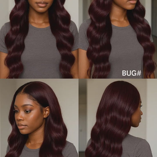 African American woman wearing long body wave human hair bundles in rich burgundy color BUG#, shown from front, side, and back angles indoors with natural lighting color Burgundy wine red
