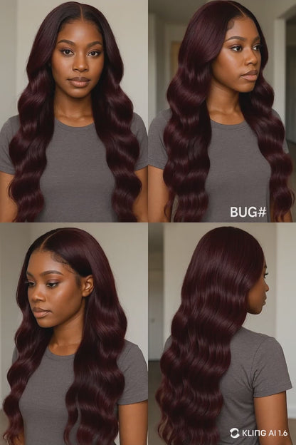 African American woman wearing long body wave human hair bundles in rich burgundy color BUG#, shown from front, side, and back angles indoors with natural lighting color Burgundy wine red
