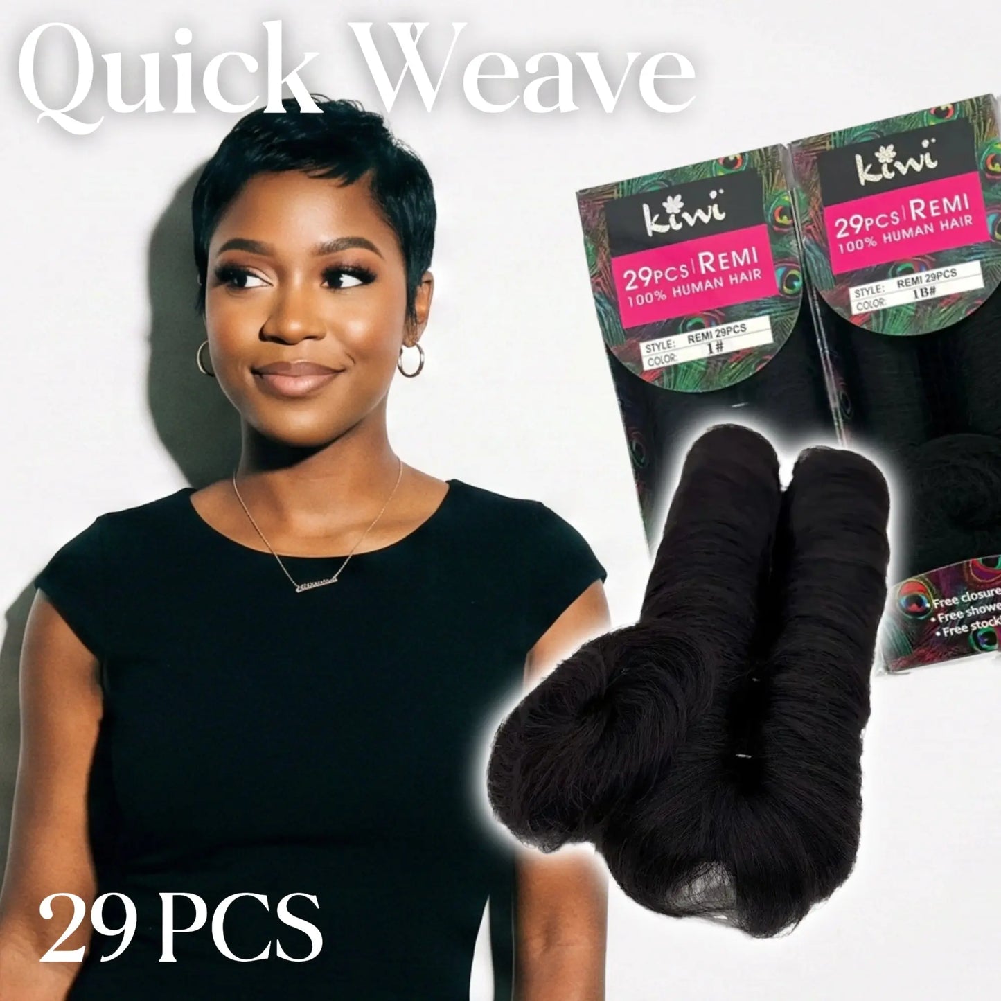 KIWI® 29PCS Set – Human Hair Pixie Cut Quick Weave with Swirl Closure KIWI HAIR BEAUTY